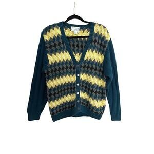 VINTAGE IZOD Hand Knit Cardigan Sweater Women XL Multicolor Chevron Weave Preppy